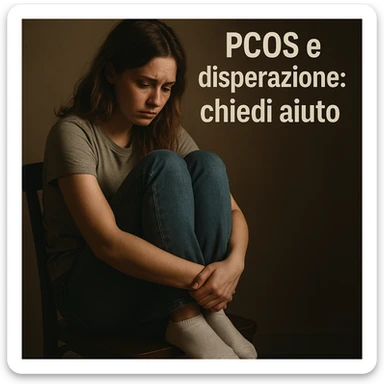 woman in casual clothing sitting on chair with knees to chest, downcast look, dimly lit room, Italian text: 'PCOS e disperazione: chiedi aiuto', 4K quality sticker