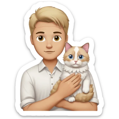 A Caucasian man in a white shirt holding a ragdoll cat sticker