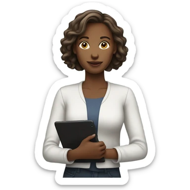 white woman standing with ipad sticker