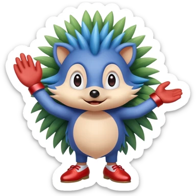 Blue hedgehog with red shoes and peach arms with large quills wave joint together eyeballs and green pupils sticker
