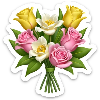 A mixed bouquet of four flowers, featuring pink roses and yellow lisianthus. sticker