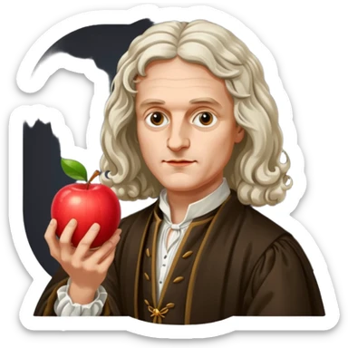Isaac Newton wearing 17th-century aristocratic attire, hold an apple sticker