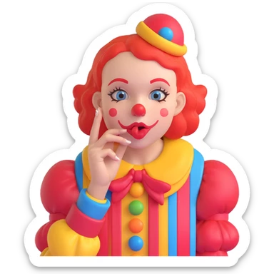 clown girl holding her hand near her mouth as if sharing a secret, playful and mischievous expression, vibrant colors, clear facial features sticker