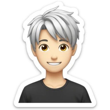 anime boy cartoon smiling with short haircut and black and white t shirt sticker