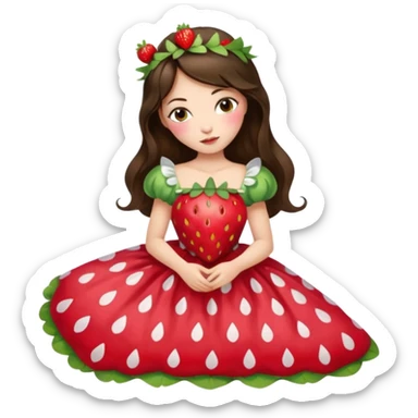 sleeping beauty brunette white girl with a silk pillow strawberry dress with her face painted fairy strawberry styles on top and her dress drawstring with a strawberry  sticker