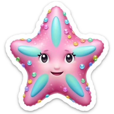 sea star, rainbow pastel, sugar crystal coating, soft highlights, cute emoji face, 3D sticker