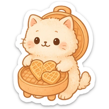 chibi style soft fluffy cat as a waffle maker, showing heart-shaped waffles, pastel orange, full-body sticker