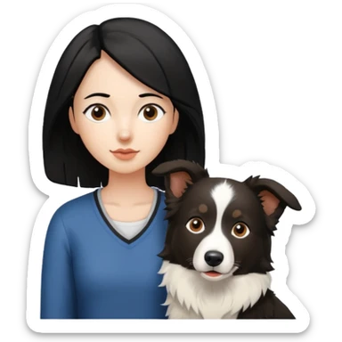 woman black hair with border collie brown and white sticker