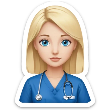 Blonde woman with blue eyes wearing black nursing scrubs  sticker
