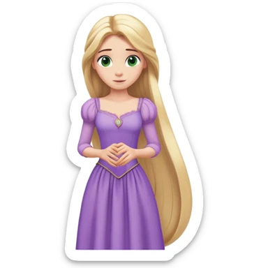 Rapunzel from hips up, lavender purple dress, extra long flowing blonde hair, green eyes, minimal style but very recognizable sticker