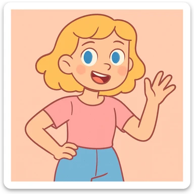 blonde girl, short wavy blonde hair, blue eyes, pastel tones, cartoon style sticker