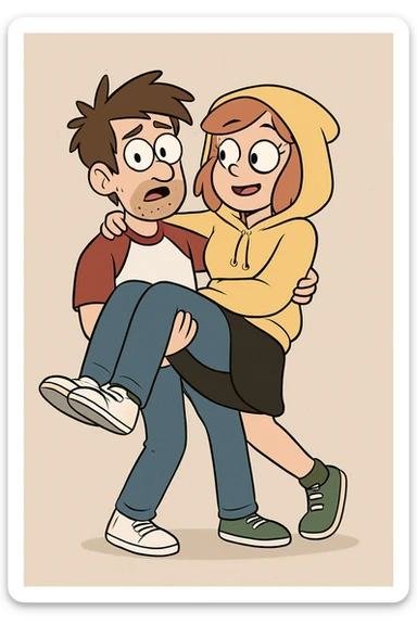 A man Raglan sleeves with Red t-shirts blue jeans white shoes carried by a cute a girl yellow hoodie black skirt green shoe  sticker