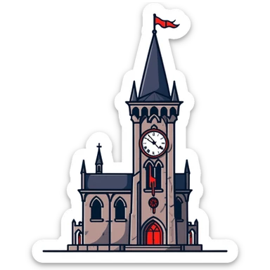 Gothic clocktower with blood running down its stone walls, creepy atmosphere sticker