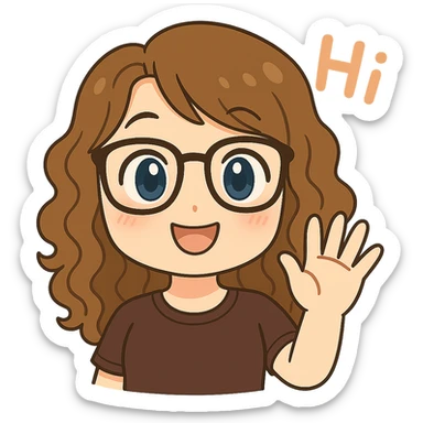 Create a chibi sticker emoji of the person in the reference image with glasses and curly hair, waving and saying 'Hi' in a cute font. Use a transparent background. sticker