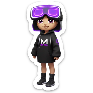 Russian girl wearing black hoody with violet letters "OMG", in vr headset oculus quest2. Standing like jedi. Cyberpunk style. Violet neon. sticker
