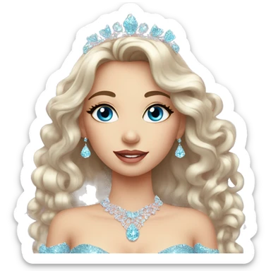 Gorgeous pastel Lady with blue eyes in a sparkly shiny dress with tiara and necklace and flowers behind her and trending  sticker