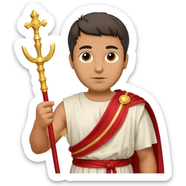 An emoji portrait of a Roman patrician. He wears a flowing white toga with a red stripe. He has a dignified expression and holds a golden scepter. sticker