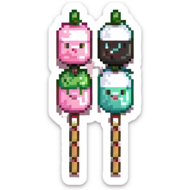 Pixel art Japanese dango skewer with three colorful rice balls in pink, white, and green colors sticker