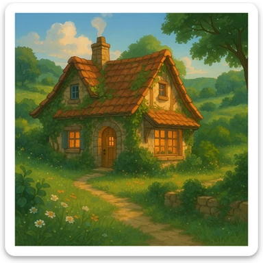 cozy cottage in a lush landscape with warm lighting in ghibli style sticker
