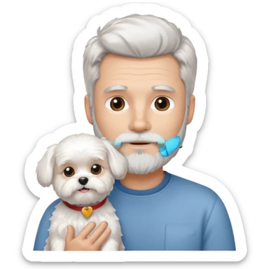 white man salt and pepper hair beard holding a white maltease sticker