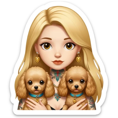 a  girl with glod  straight long hair and tattoos and 2 miniature poodles sticker