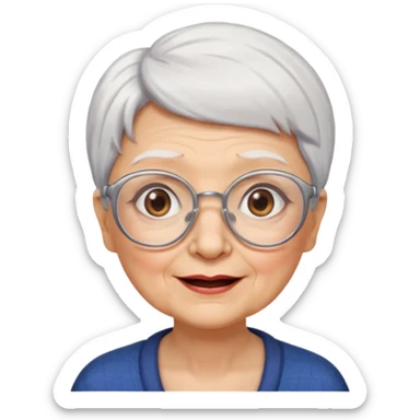 Create me emoji of an old lady. Short white hair to left side. Square glasses. Brown eyes. Rounded really big and wide face. Wide nose. Big mounth sticker