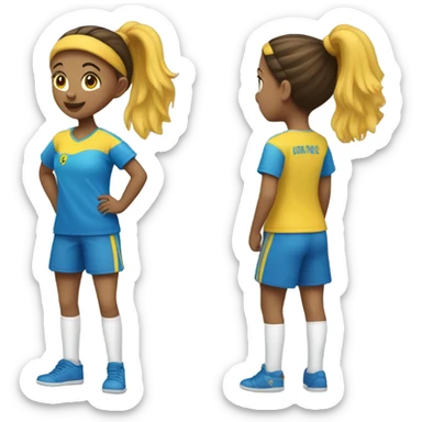 a girl playin handball with a 8 in her back and the t-shirt is yellow and blue and the short trousers blue she has a ponitail she has brown hair sticker