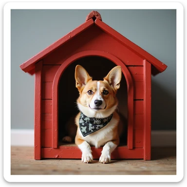 realistic red dog house with a Corgi dog inside, Corgi with a bandana, photorealistic style sticker