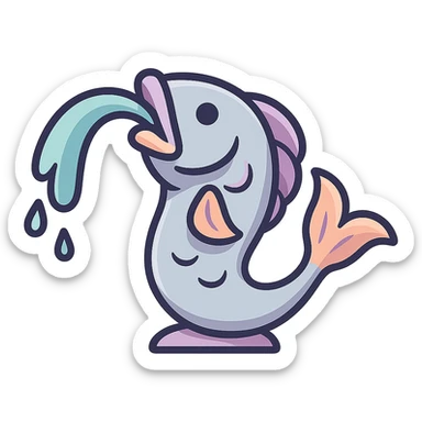 elongated slim fountain in the form of a fish with a water stream flowing from its mouth, eastern style, detailed drawing with shadows and highlights, thin clean contours, soft rounded shapes, pastel palette #98B5BC, #B5B3C1, #C9A3C9, #E4C0CA, #F7DCD1, #F7C0AA, modern Japanese pop art and sticker aesthetics, soft lighting, transparent background, no base or stand sticker