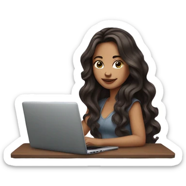 beautiful girl with long dark brown hair blow out, with laptop sticker