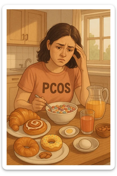 Donna con pcos, con colazione sbilanciata ricca di zuccheri e con poche proteine sticker