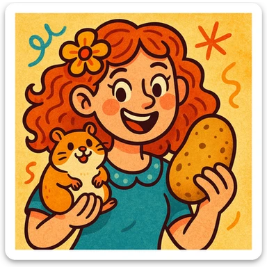 a woman with a hamster and a potato, playful illustration sticker