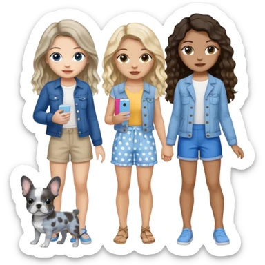 Three women in summer clothes, hazel eyed light skin with dark blonde long hair holding blue spotted Merle Frenchie and Brown eyed light skin black long wavy hair and blue eyed light skin long blonde hair with blue spotted Merle Frenchie sticker