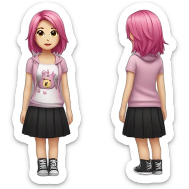 Full body Front view curvy emo girl pink hair sits on the floor straight view hands up black skirt полосатые рваные чулки sticker
