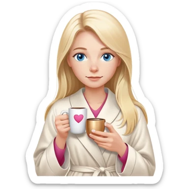 girl
blue eyes
long blond hair
wearing housecoat
holding a white mug of coffee that says mom
wearing rose gold apple watch  sticker