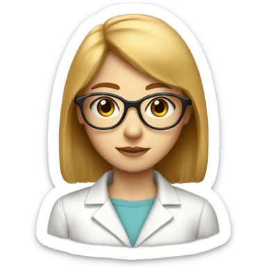 A pale readhead girl with fluffy straight hair and bangs, wearing gold slim eyeglasses and a lab suit sticker