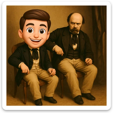 Create a 3D cartoon clone in Apple Memoji style sitting next to the person in the photo. The clone should have an enlarged head, bright eyes, and a friendly, positive Gen Z facial expression. The clone's clothing, pose, and facial expression should perfectly match the original person. Use bright, vibrant colors, soft shadows, and lighting/background as close as possible to the real photo. Ensure high quality, clear details, and visual harmony between the real person and the cartoon clone. sticker