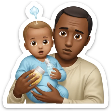 Sean “Diddy” Combs with baby oil and a very small infant and he’s pouring the baby oil on the baby and they have a scared face they’re really scared sticker