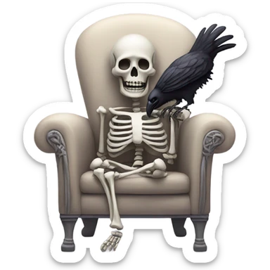 Skeleton reading while sitting on fluffy chair with bow on their head and a raven sticker