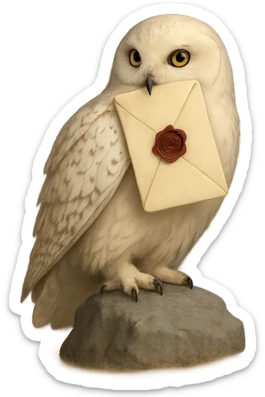 Create a realistic style image of the same owl holding a Hogwarts letter in its beak. The image should have no outlines, with clear shadows and highlights, soft lighting, and no background. sticker