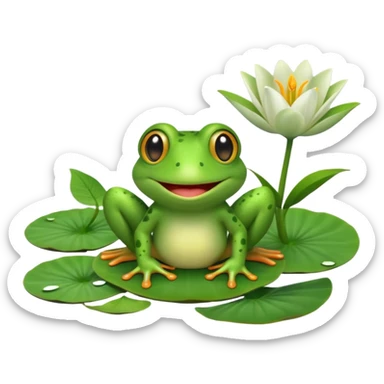 A cute 3D cartoon frog sitting on a lily pad, bright green skin, big friendly eyes, smiling face, soft natural lighting, Memoji-style rendering. sticker