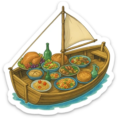 ghibli style illustration of a boat with a feast on board sticker