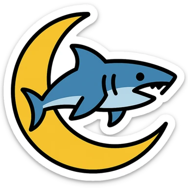 Make the shark swimming across the moon, keep the color outline icon style sticker