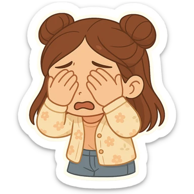 Create a chibi sticker of the same girl, covering her eyes in fear. She has brown straight hair in double buns, brown eyes, wearing a pastel floral cardigan and jeans. The sticker should have a white outline and transparent background, 512x512px. sticker