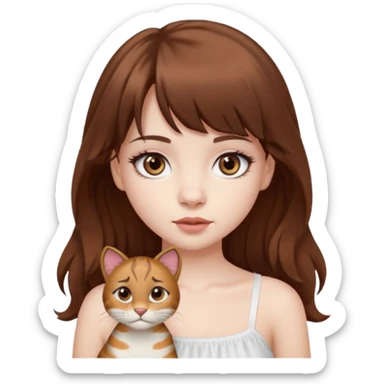 Pale skinned waisian girl with brown hair and dark brown eyes. She has bangs and her hair is slightly big wavy and long. She has big cat looking eyes and long lashes. Make her wear a white tube top. sticker