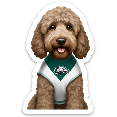 brown Labradoodle wearing a Philadelphia eagles shirt sticker