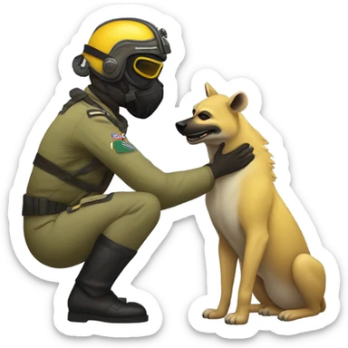 Yellow army Pilot with black mask googles, and then a big hyena kissing kissing him sticker