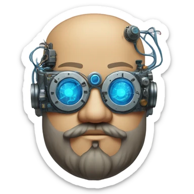 Bearded Fat bald cyborg head with tan skin, blue steampunk goggles and circuits sticker