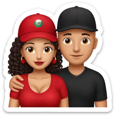A picture of an embracing tanned couple. the man is a Mexican man with tanned skin, with a bald hair cut wearing a red baseball hat and wearing a black shirt. the woman is mixed, with glasses,  with long curly dark brown hair and with big boobs. Remove the glasses from the guy sticker