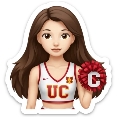 skinny white happy long haired brunette girl in a white USC cheerleader outfit with the letters USC sticker